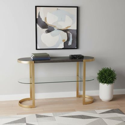 49" Gray and Gold Solid Wood Oval Sled Console Table With Storage HomeRoots