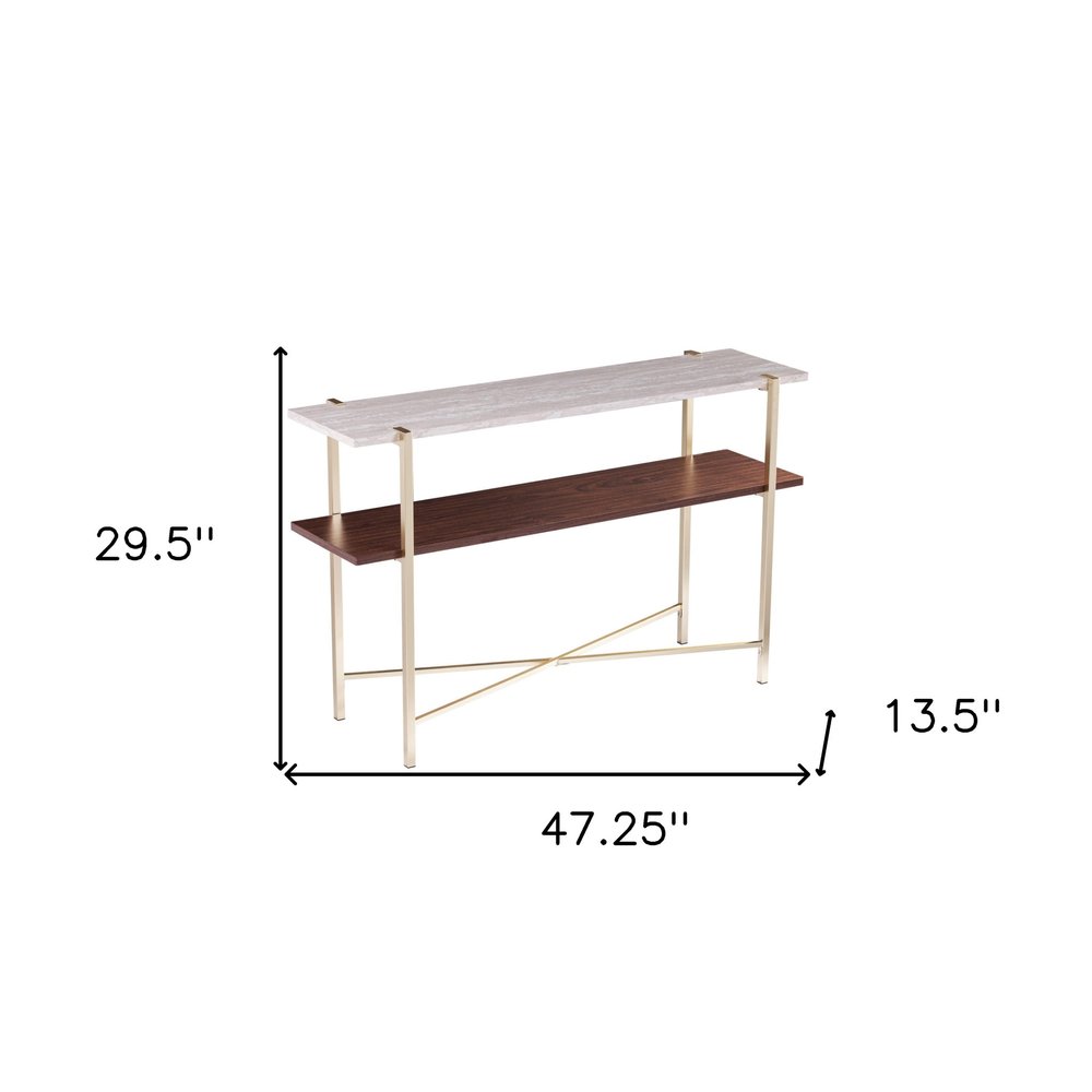 47" White Brass and Brown Faux Marble Console Table With Shelf HomeRoots