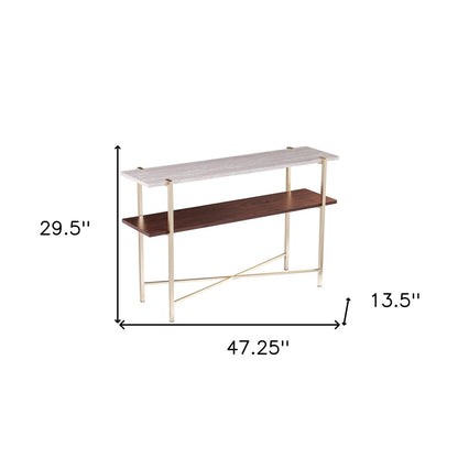 47" White Brass and Brown Faux Marble Console Table With Shelf HomeRoots