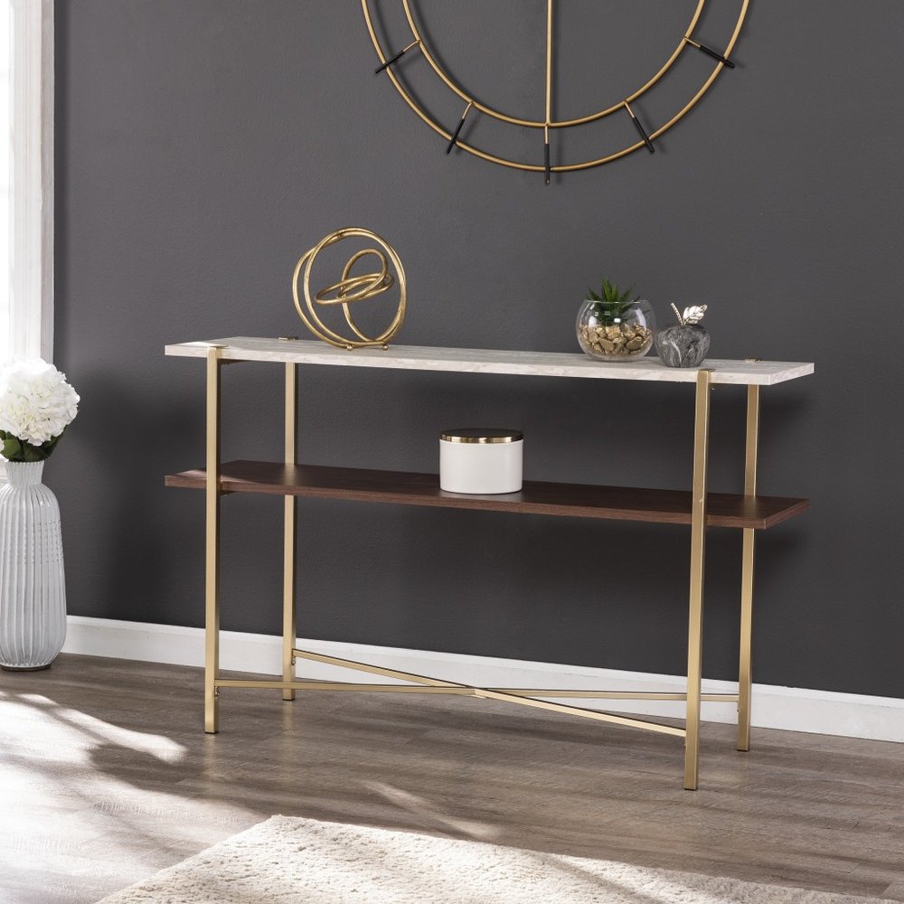 47" White Brass and Brown Faux Marble Console Table With Shelf HomeRoots