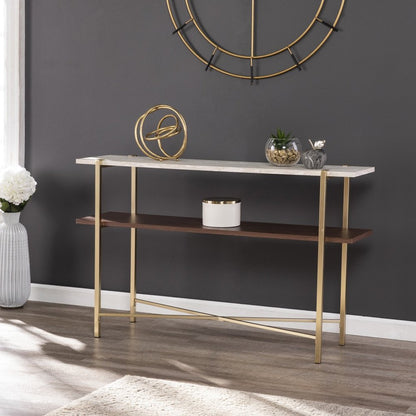 47" White Brass and Brown Faux Marble Console Table With Shelf HomeRoots