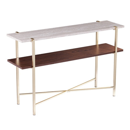 47" White Brass and Brown Faux Marble Console Table With Shelf HomeRoots