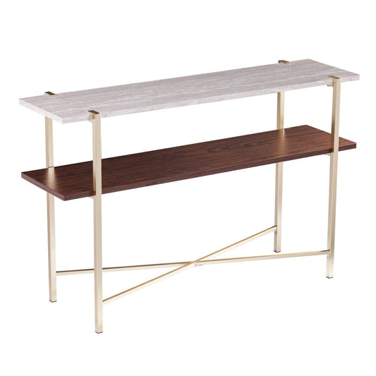 47" White Brass and Brown Faux Marble Console Table With Shelf HomeRoots