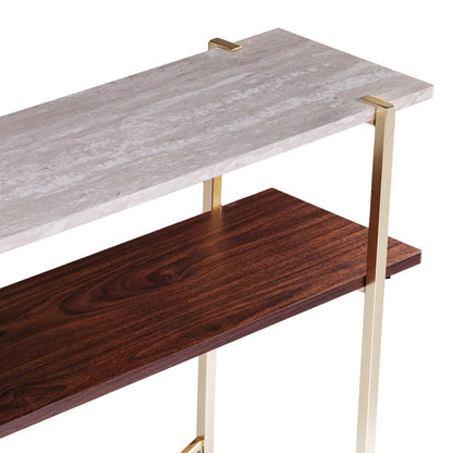47" White Brass and Brown Faux Marble Console Table With Shelf HomeRoots
