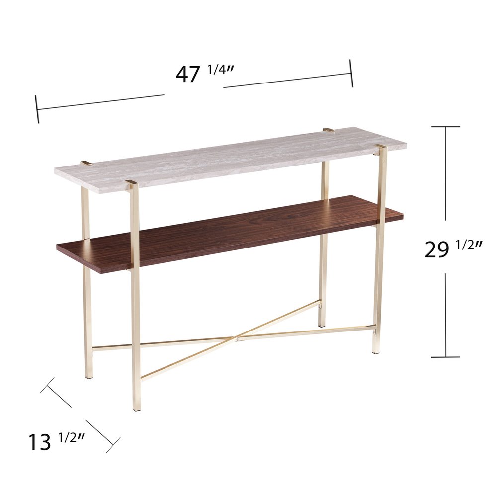 47" White Brass and Brown Faux Marble Console Table With Shelf HomeRoots