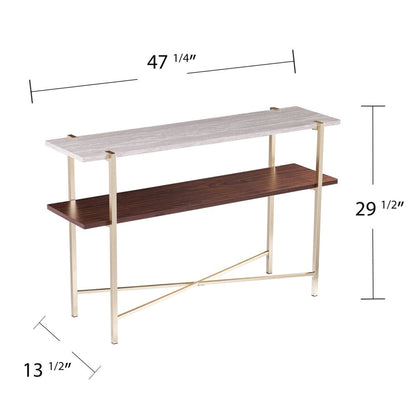 47" White Brass and Brown Faux Marble Console Table With Shelf HomeRoots