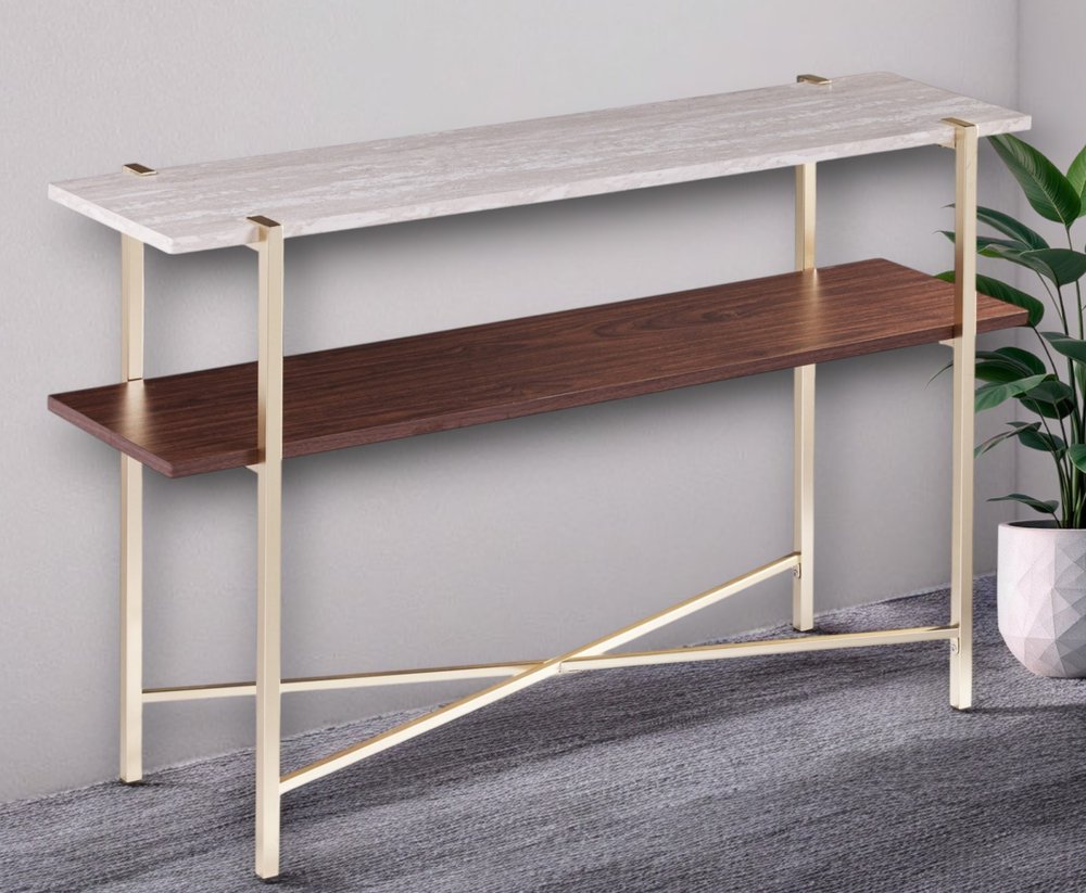 47" White Brass and Brown Faux Marble Console Table With Shelf HomeRoots