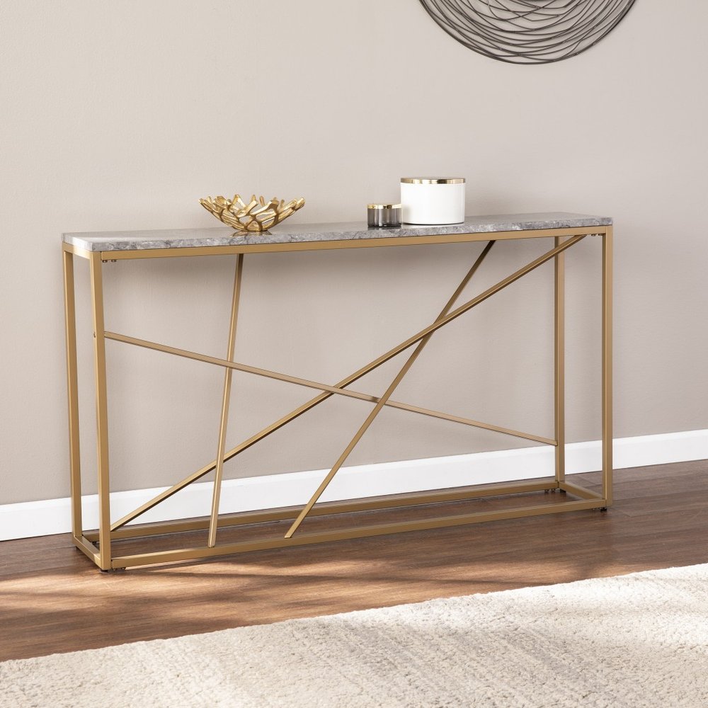 52" Gray and Gold Faux Marble and Metal A Frame Console Table HomeRoots