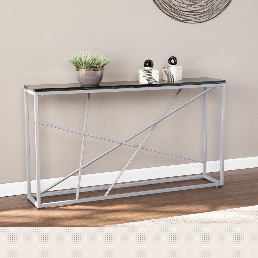 52" Black and Silver Faux Stone Frame Console Table HomeRoots