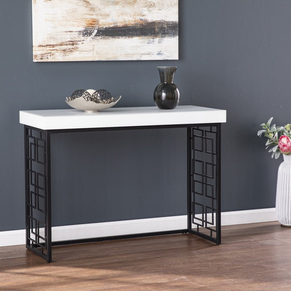 42" White and Black Glass and Metal Sled Console Table HomeRoots
