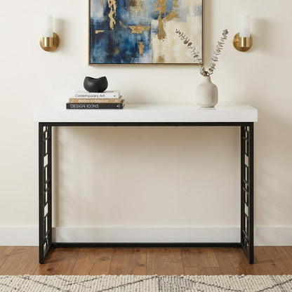 42" White and Black Glass and Metal Sled Console Table HomeRoots