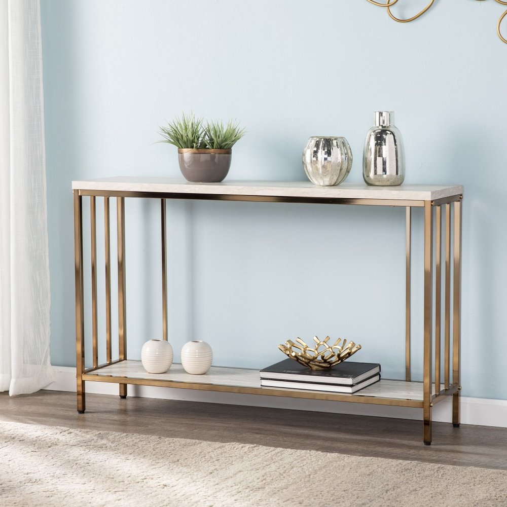 48" Champagne and Gold Faux Stone Floor Shelf Console Table With Storage HomeRoots