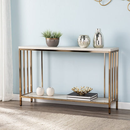 48" Champagne and Gold Faux Stone Floor Shelf Console Table With Storage HomeRoots