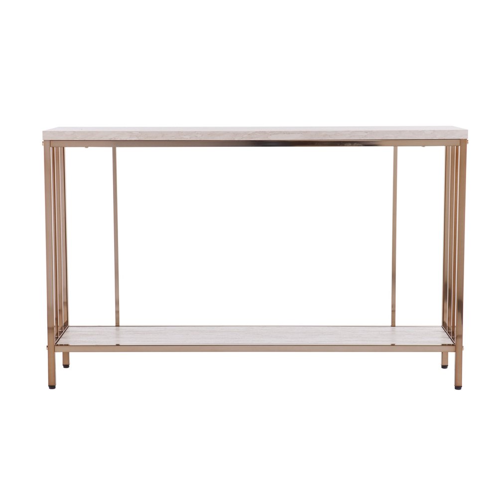 48" Champagne and Gold Faux Stone Floor Shelf Console Table With Storage — view 2