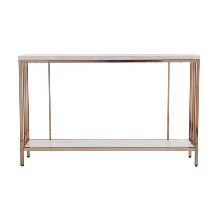 48" Champagne and Gold Faux Stone Floor Shelf Console Table With Storage HomeRoots