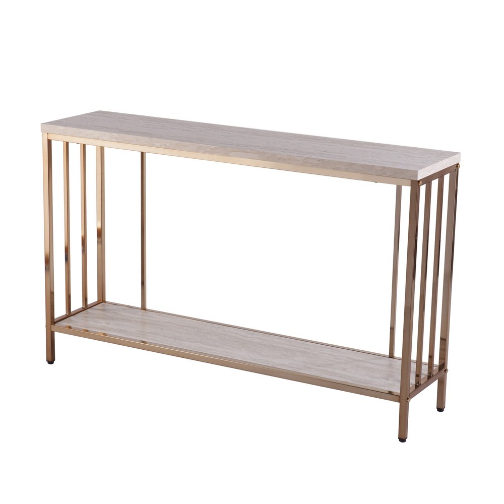 48" Champagne and Gold Faux Stone Floor Shelf Console Table With Storage — view 3