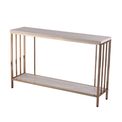 48" Champagne and Gold Faux Stone Floor Shelf Console Table With Storage HomeRoots