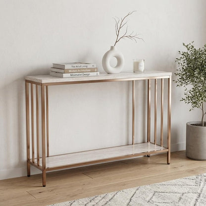 48" Champagne and Gold Faux Stone Floor Shelf Console Table With Storage HomeRoots