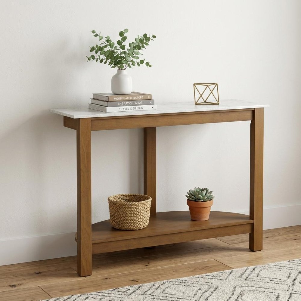 42" White and Natural Faux Marble Half Circle Three Leg Console Table With Shelves HomeRoots