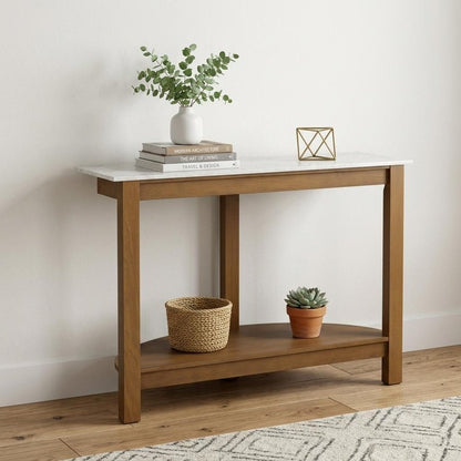 42" White and Natural Faux Marble Half Circle Three Leg Console Table With Shelves HomeRoots
