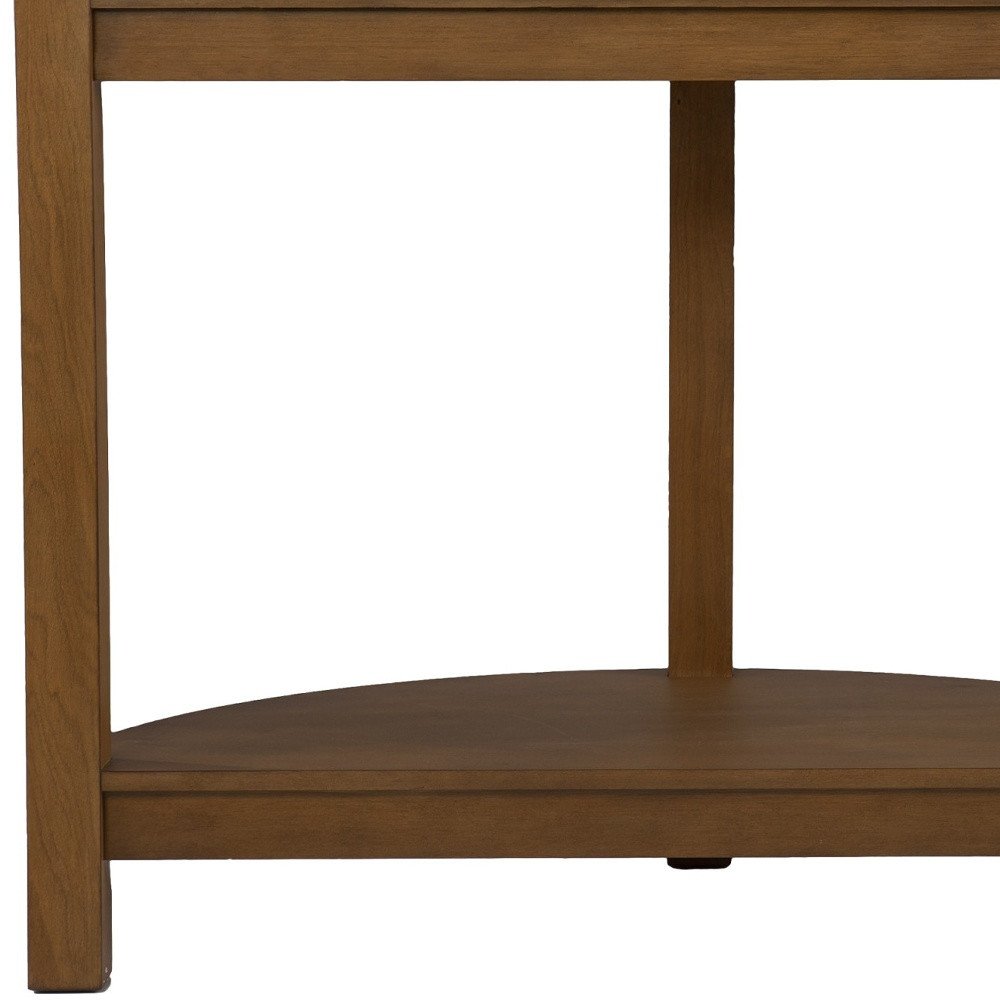 42" White and Natural Faux Marble Half Circle Three Leg Console Table With Shelves HomeRoots