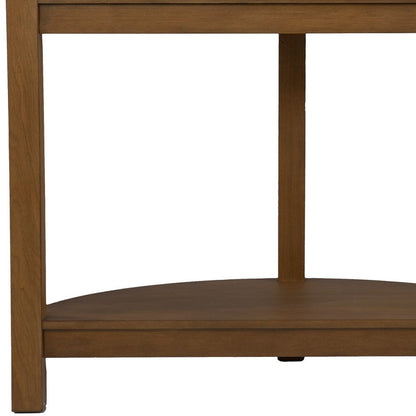 42" White and Natural Faux Marble Half Circle Three Leg Console Table With Shelves HomeRoots