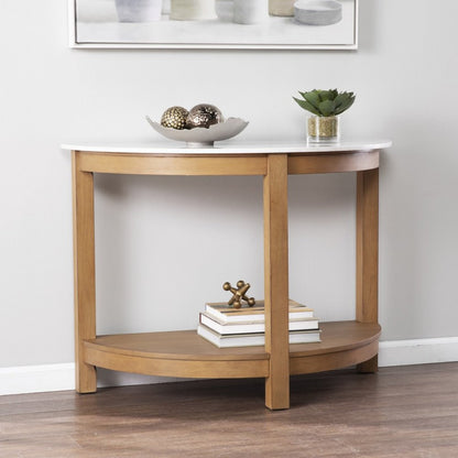 42" White and Natural Faux Marble Half Circle Three Leg Console Table With Shelves HomeRoots