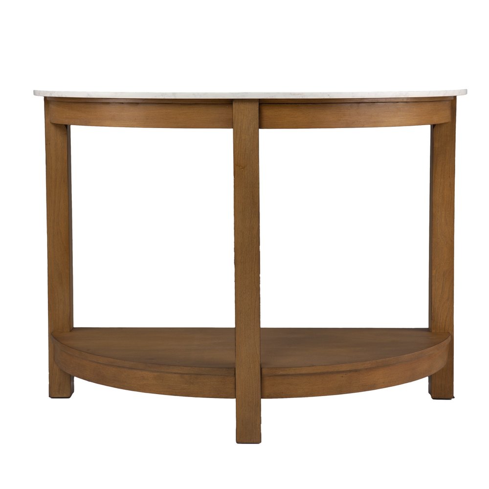 42" White and Natural Faux Marble Half Circle Three Leg Console Table With Shelves — view 4
