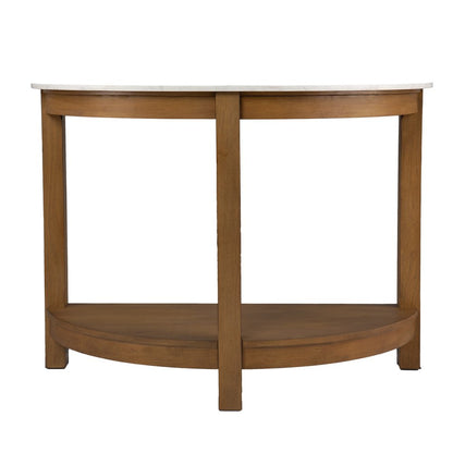 42" White and Natural Faux Marble Half Circle Three Leg Console Table With Shelves HomeRoots