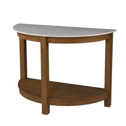 42" White and Natural Faux Marble Half Circle Three Leg Console Table With Shelves HomeRoots