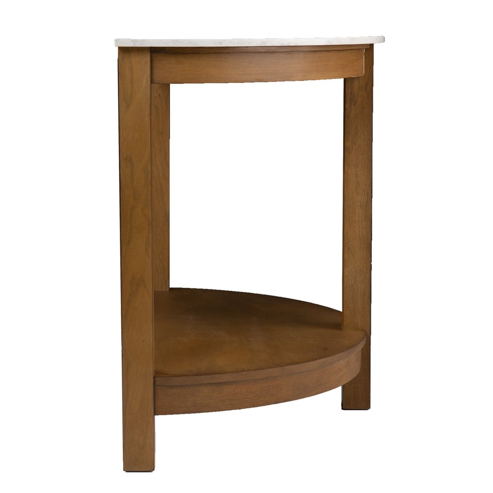 42" White and Natural Faux Marble Half Circle Three Leg Console Table With Shelves HomeRoots