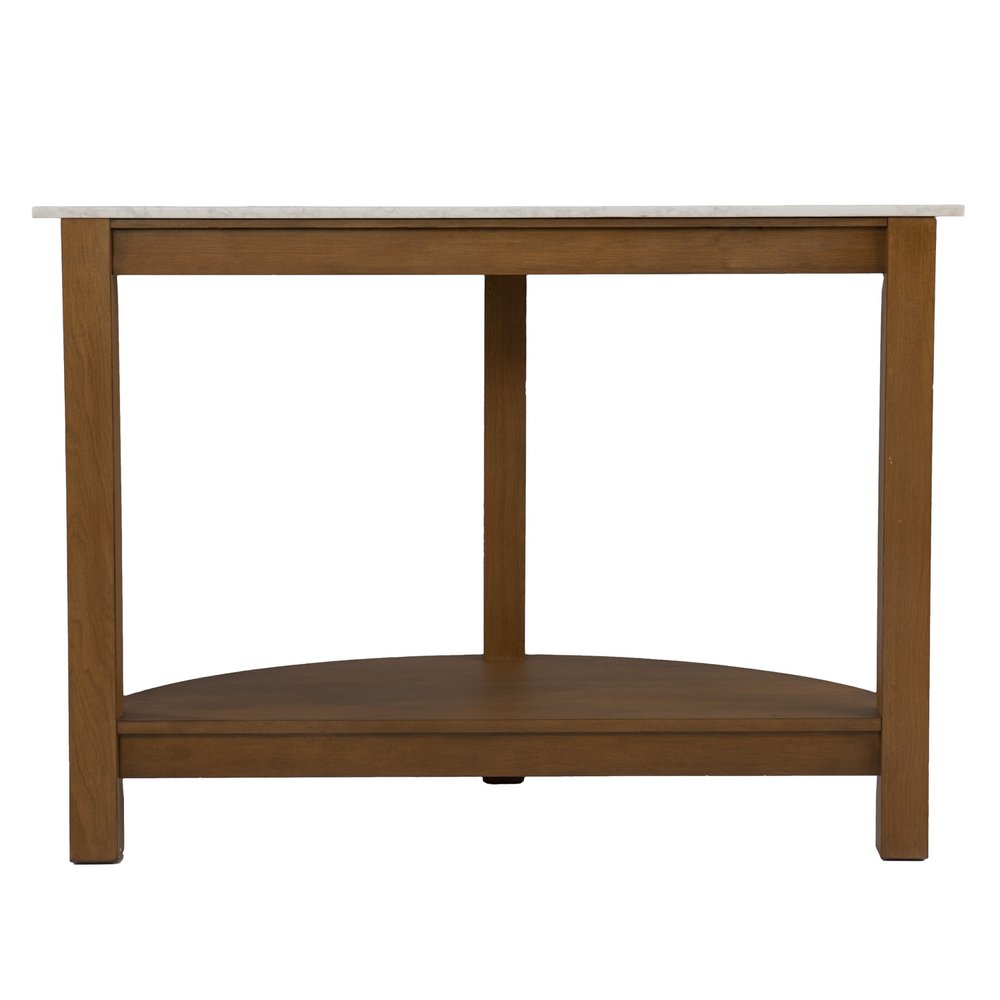 42" White and Natural Faux Marble Half Circle Three Leg Console Table With Shelves HomeRoots