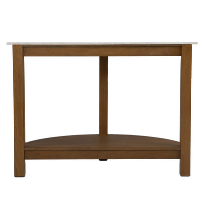 42" White and Natural Faux Marble Half Circle Three Leg Console Table With Shelves HomeRoots