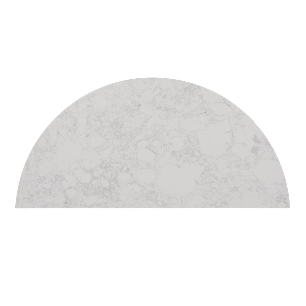 42" White and Natural Faux Marble Half Circle Three Leg Console Table With Shelves HomeRoots