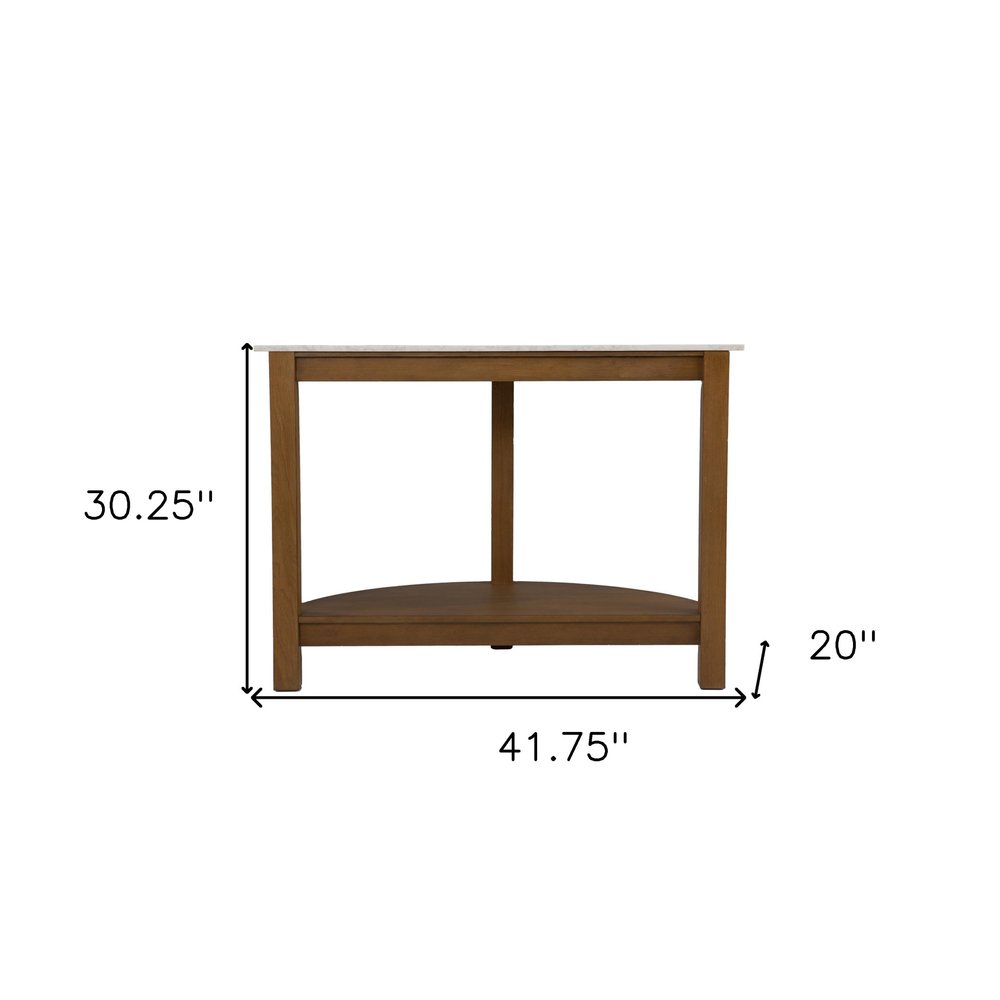 42" White and Natural Faux Marble Half Circle Three Leg Console Table With Shelves HomeRoots