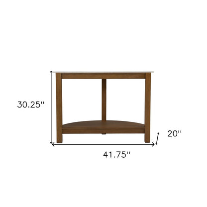 42" White and Natural Faux Marble Half Circle Three Leg Console Table With Shelves HomeRoots