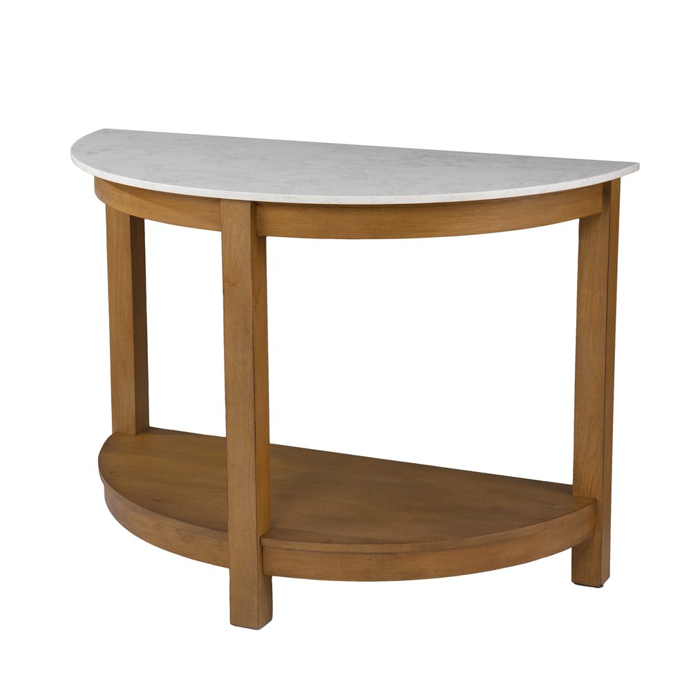 42" White and Natural Faux Marble Half Circle Three Leg Console Table With Shelves — view 7