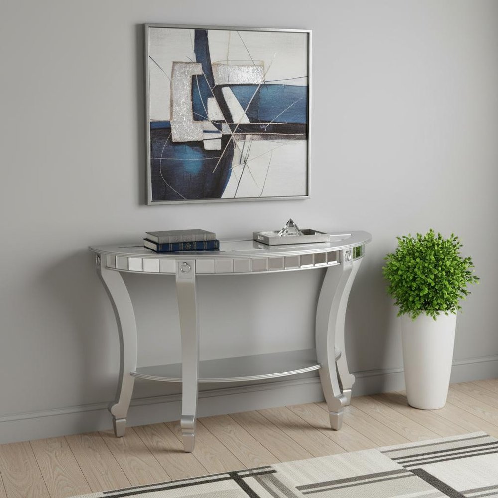 46" Silver Mirrored Glass Half Circle Console Table With Storage HomeRoots