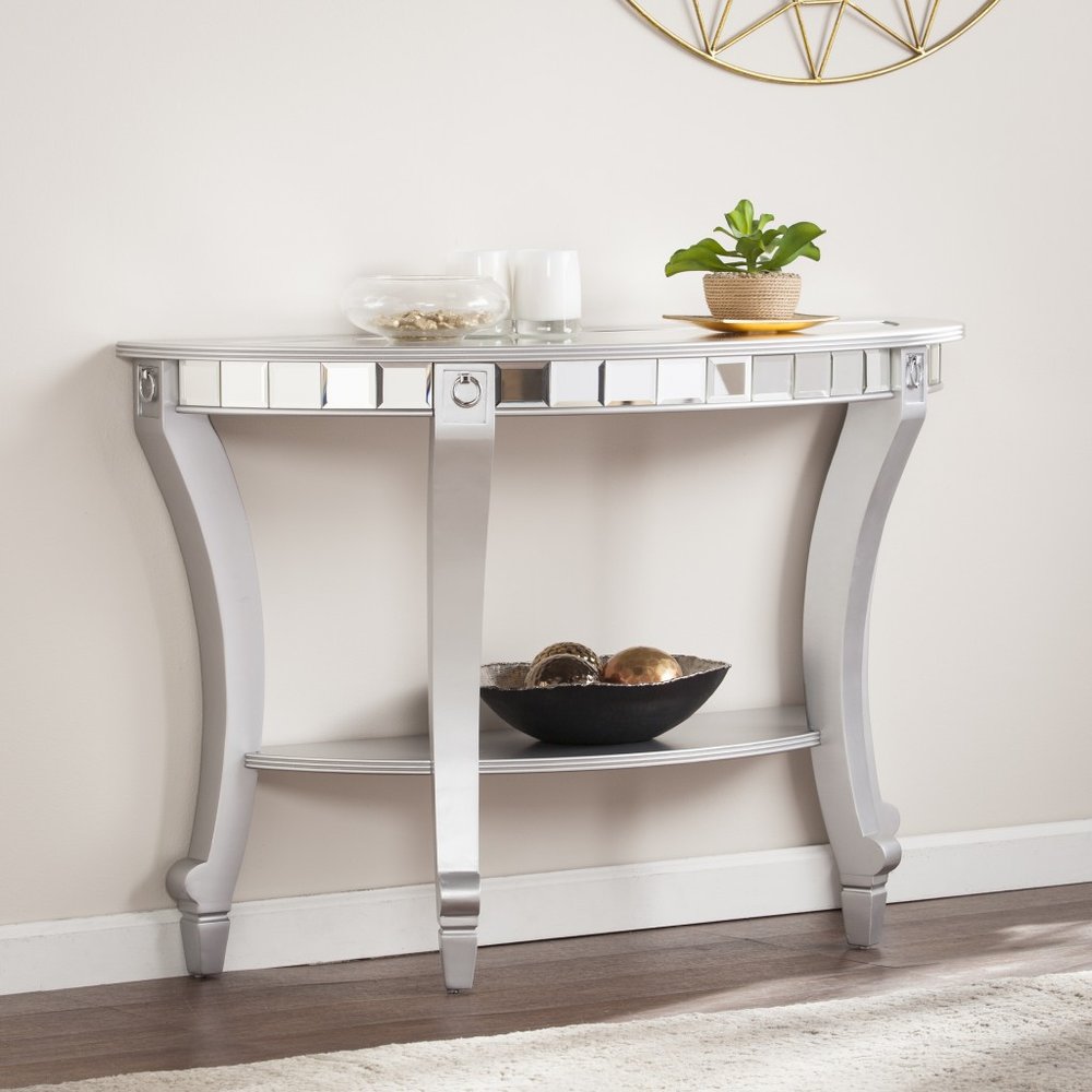 46" Silver Mirrored Glass Half Circle Console Table With Storage HomeRoots