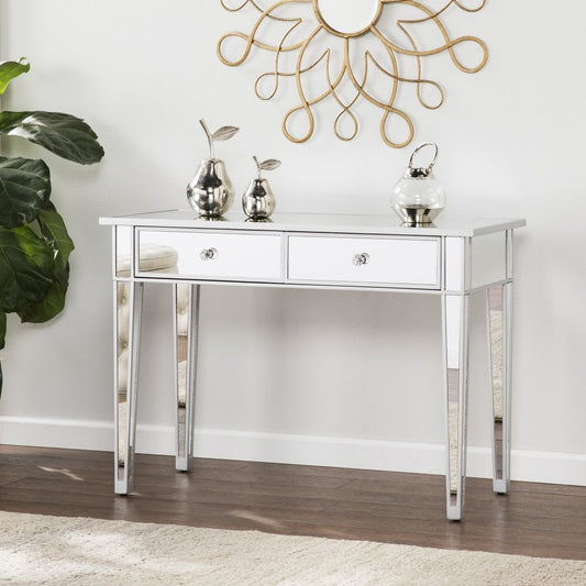 40" Silver Mirrored Glass and Wood Console Table With Two Drawers HomeRoots