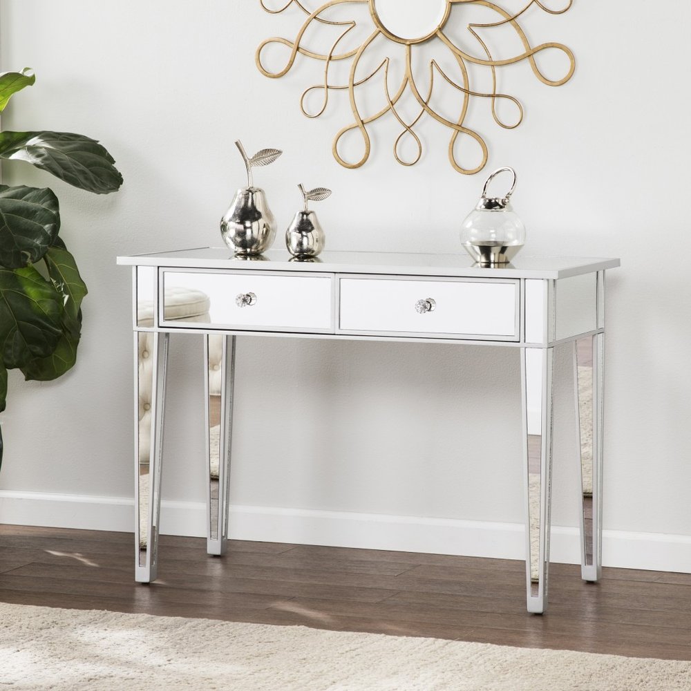 40" Silver Mirrored Glass and Wood Console Table With Two Drawers HomeRoots