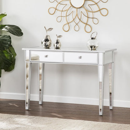 40" Silver Mirrored Glass and Wood Console Table With Two Drawers HomeRoots