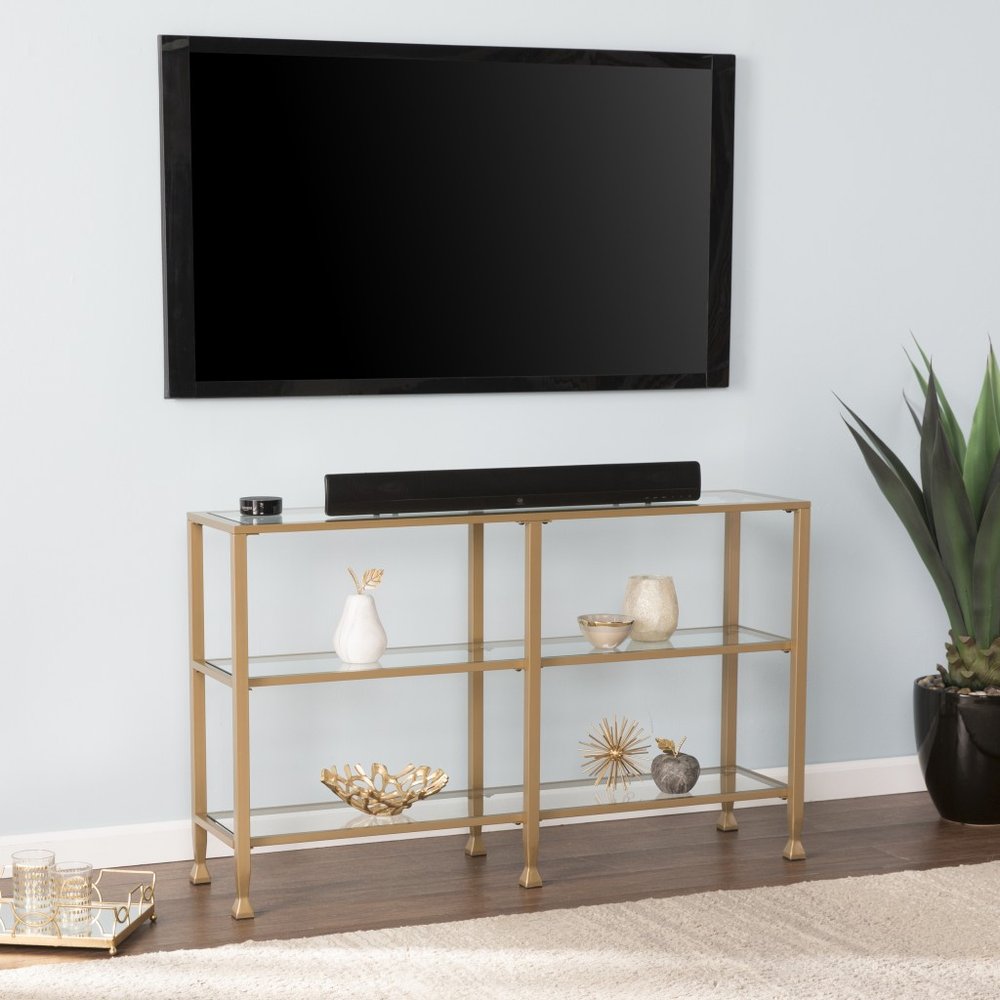 49" Clear and Gold Glass Floor Shelf Console Table With Storage HomeRoots