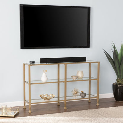 49" Clear and Gold Glass Floor Shelf Console Table With Storage HomeRoots