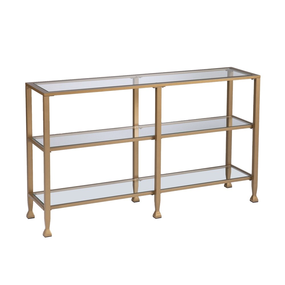 49" Clear and Gold Glass Floor Shelf Console Table With Storage HomeRoots