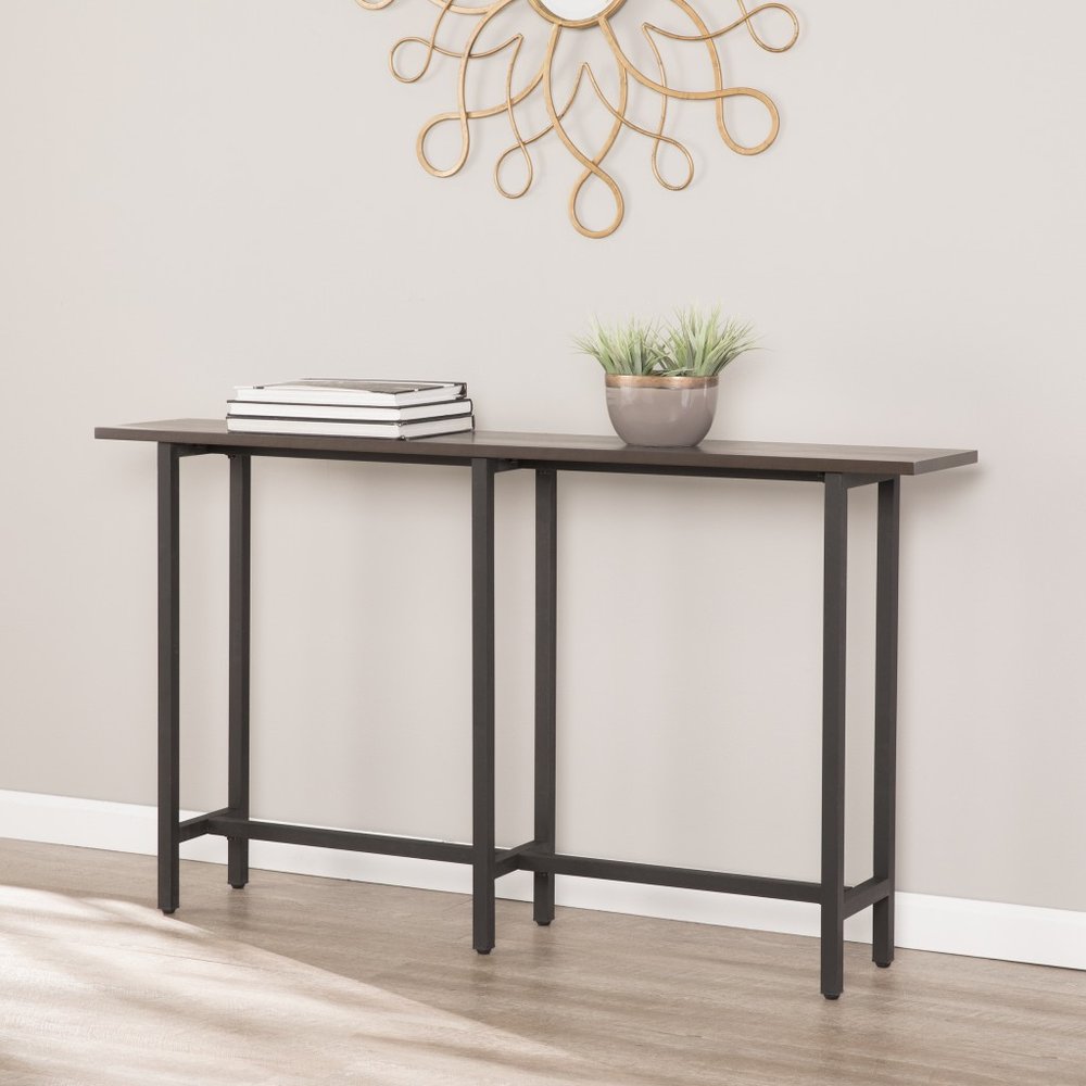 54" Espresso and Black Wood and Iron Console Table HomeRoots