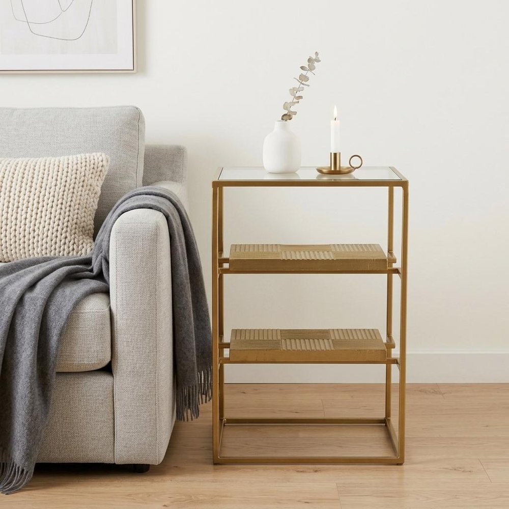24" Brass Glass And Iron Rectangular End Table With Two Shelves HomeRoots