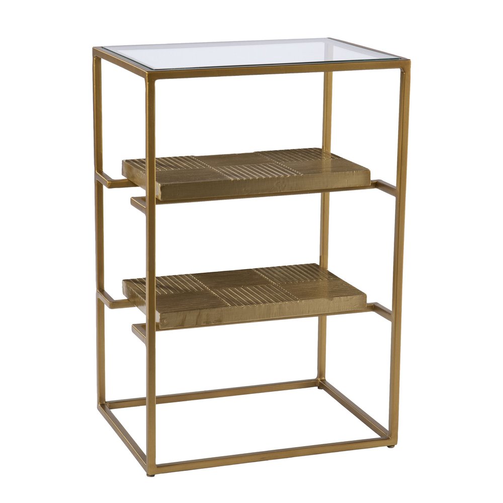 24" Brass Glass And Iron Rectangular End Table With Two Shelves HomeRoots