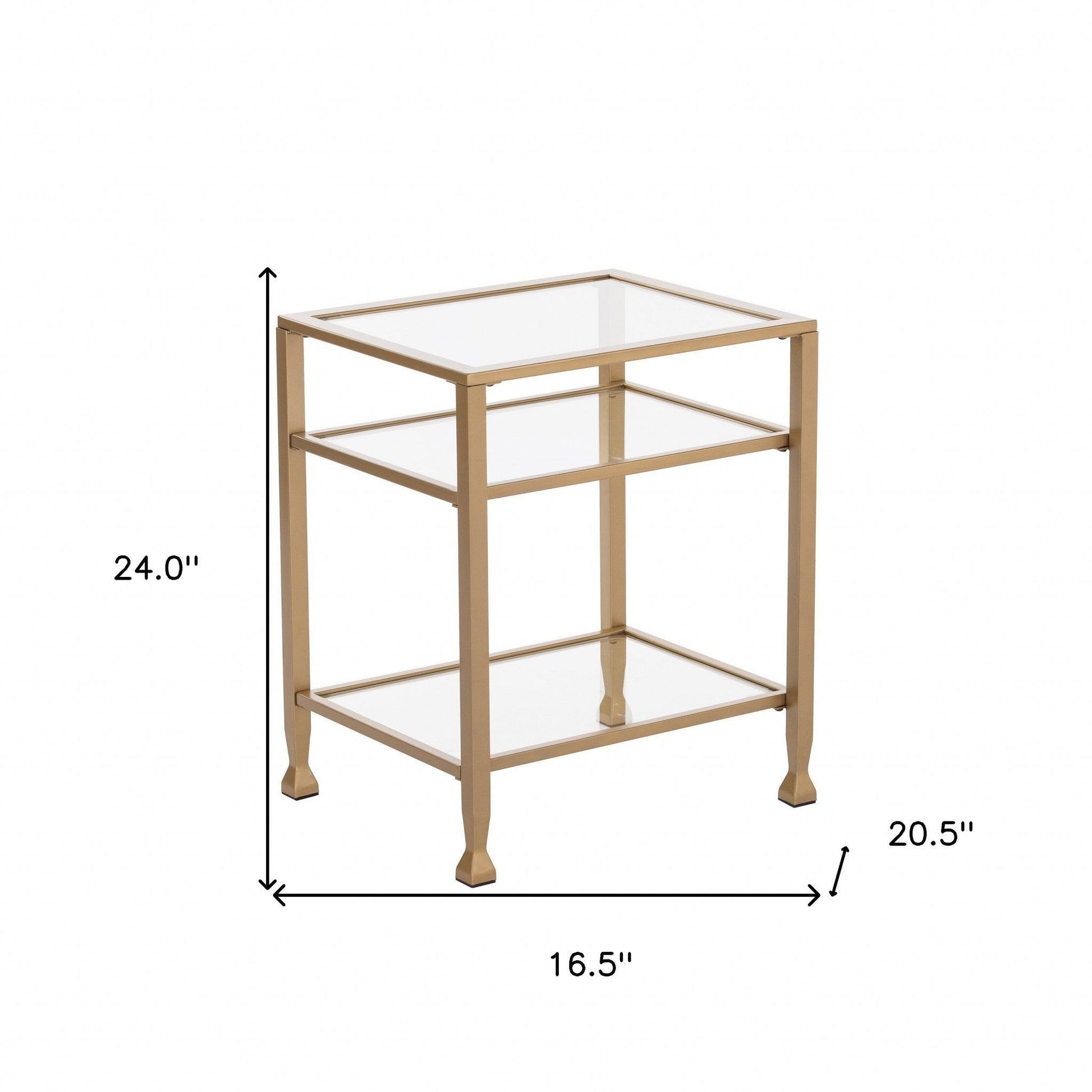 24" Gold Glass And Iron Rectangular End Table With Two Shelves - FurniFindUSA