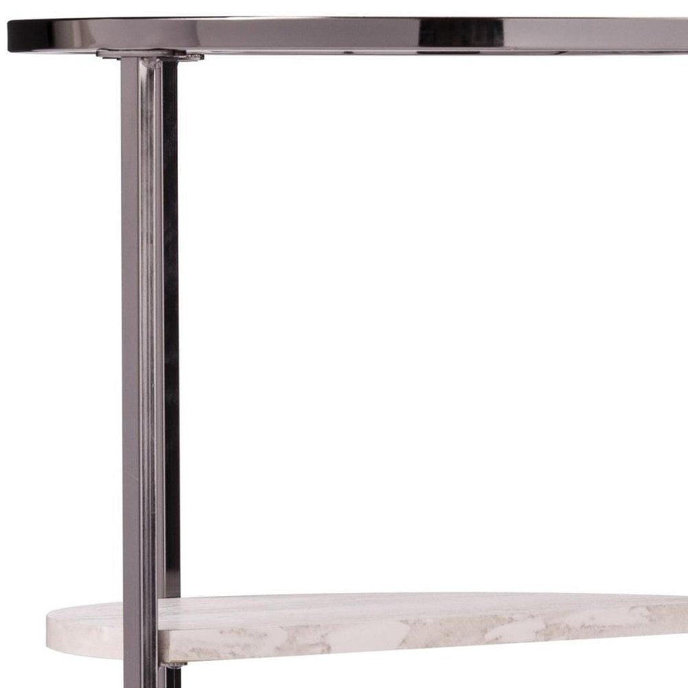 24" Black Metal Glass And Faux Marble Round End Table With Two Shelves HomeRoots